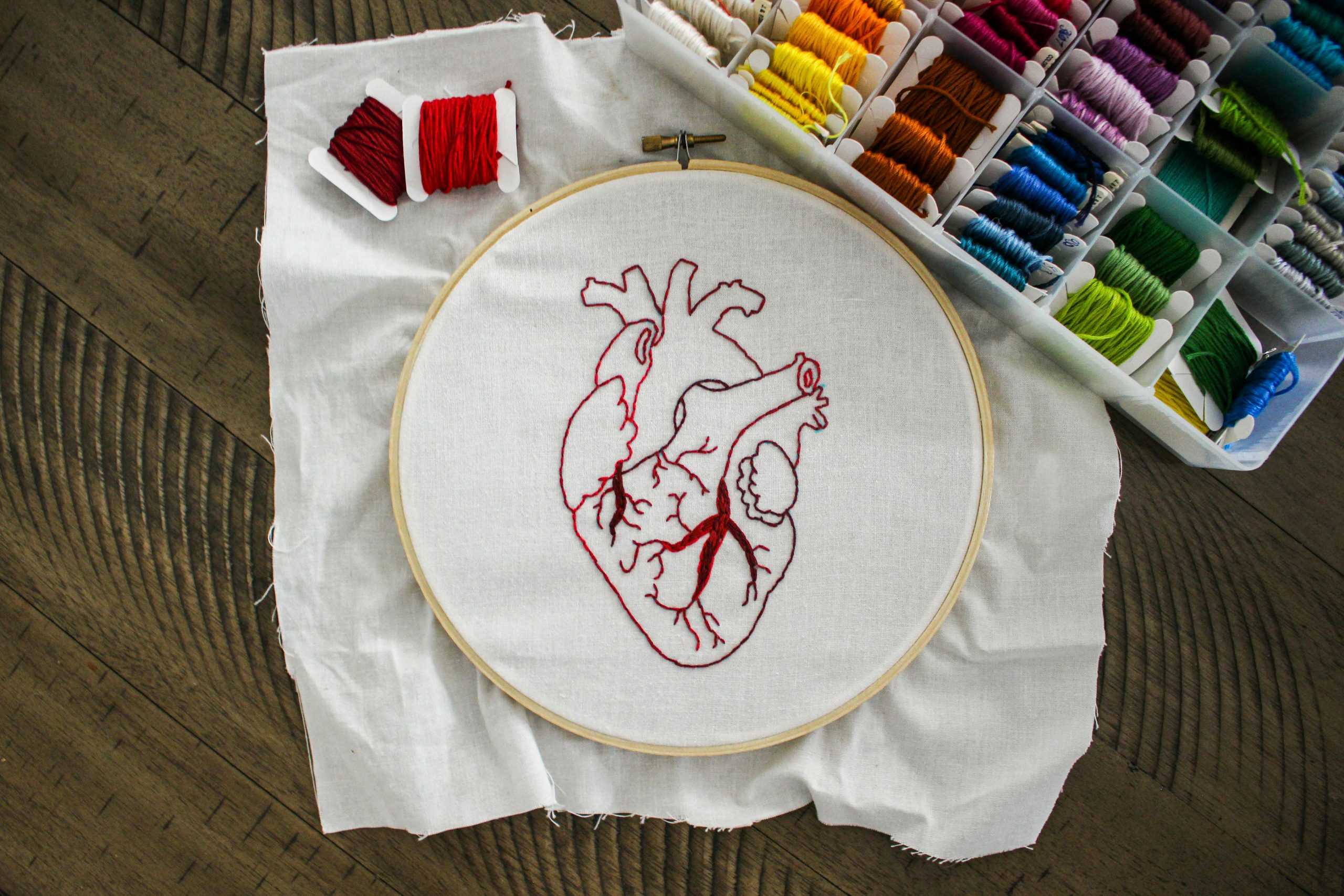 cross-stitched heart in embroidery circle